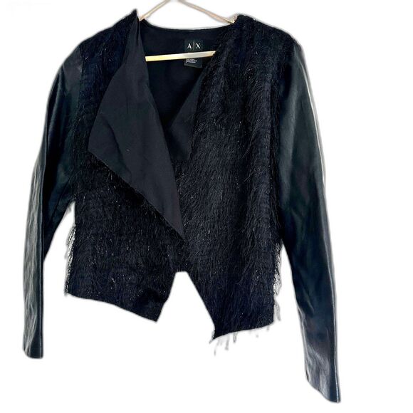Armani Exchange Faux Leather Sparkle Fringe Cascade Jacket Open Size 6 Black - Picture 2 of 8